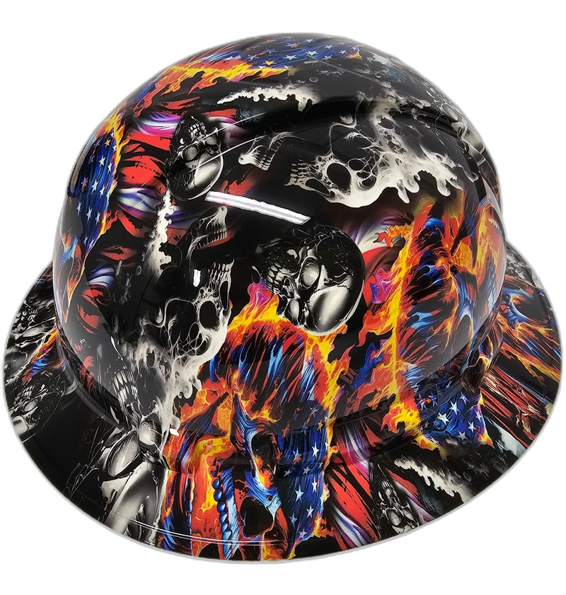 American Flag Flaming Skulls hard hat right side view