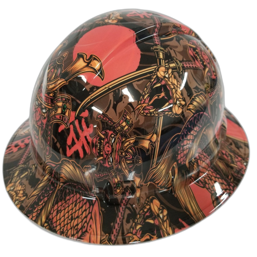 Japanese Foo Dog Koi Fish Custom Hydro Dipped Full Brim Hard Hat - Right Side View