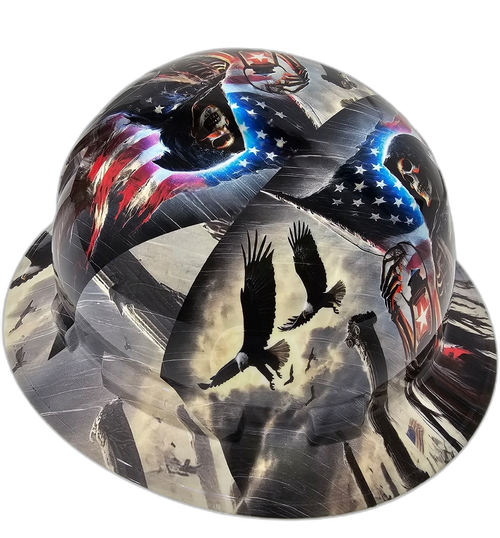 American Grim Reaper USA Flag Waving Custom Hydro Dipped Full Brim Hard Hat - Right Side View