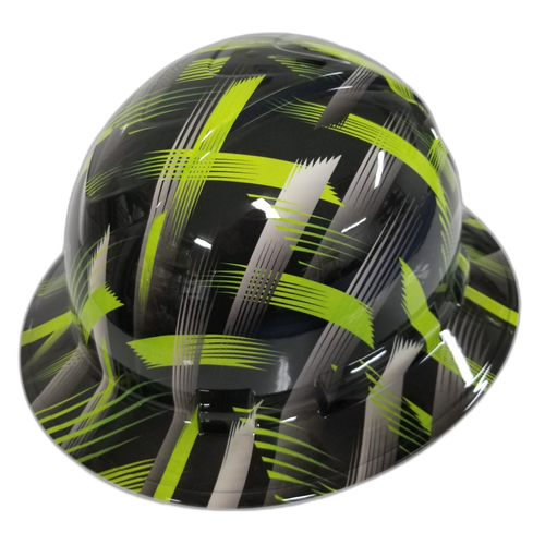 Lime Abstract Urban Camo Custom Hydro Dipped Full Brim Hard Hat - Right Side View