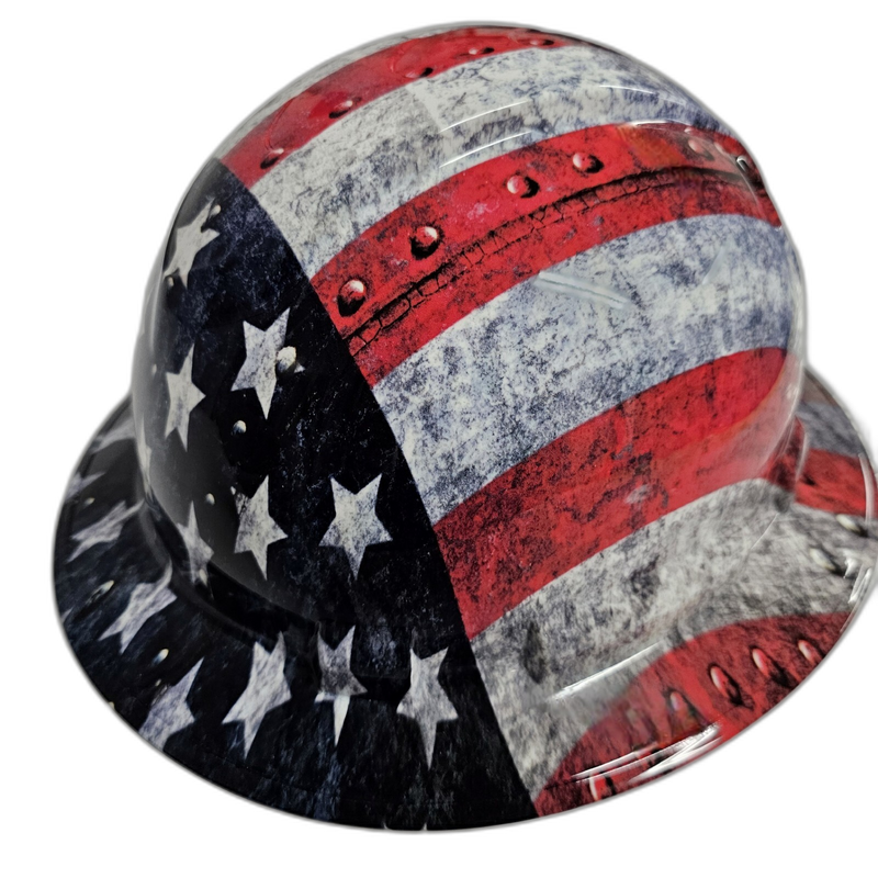 Riveted Metal American Flag hard hat right side view