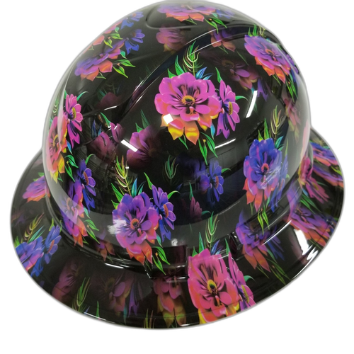 Neon Flowers Great Color Custom Hydro Dipped Full Brim Hard Hat - Left Side View