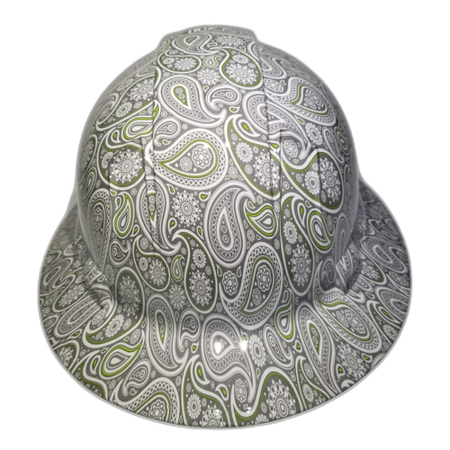 Green Pinstripe Paisleys Custom Hydro Dipped Full Brim Hard Hat - Right Side View