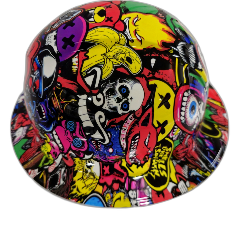 Full Color Cartoon Sticker Bomb hard hat right side view