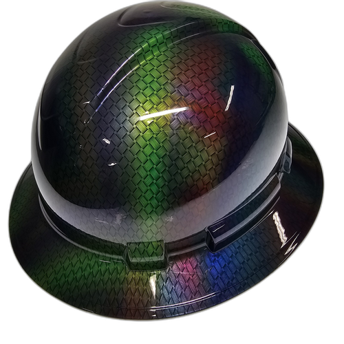 Multi Color Basket Weave Carbon Fiber Custom Hydro Dipped Full Brim Hard Hat - Right Side View