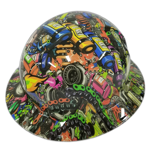 Tuner Sticker Bomb Turbo Nos Custom Hydro Dipped Full Brim Hard Hat - Right Side View