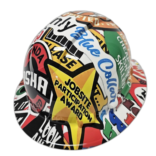 Construction Sticker Bomb Custom Hydro Dipped Full Brim Hard Hat - Right Side View