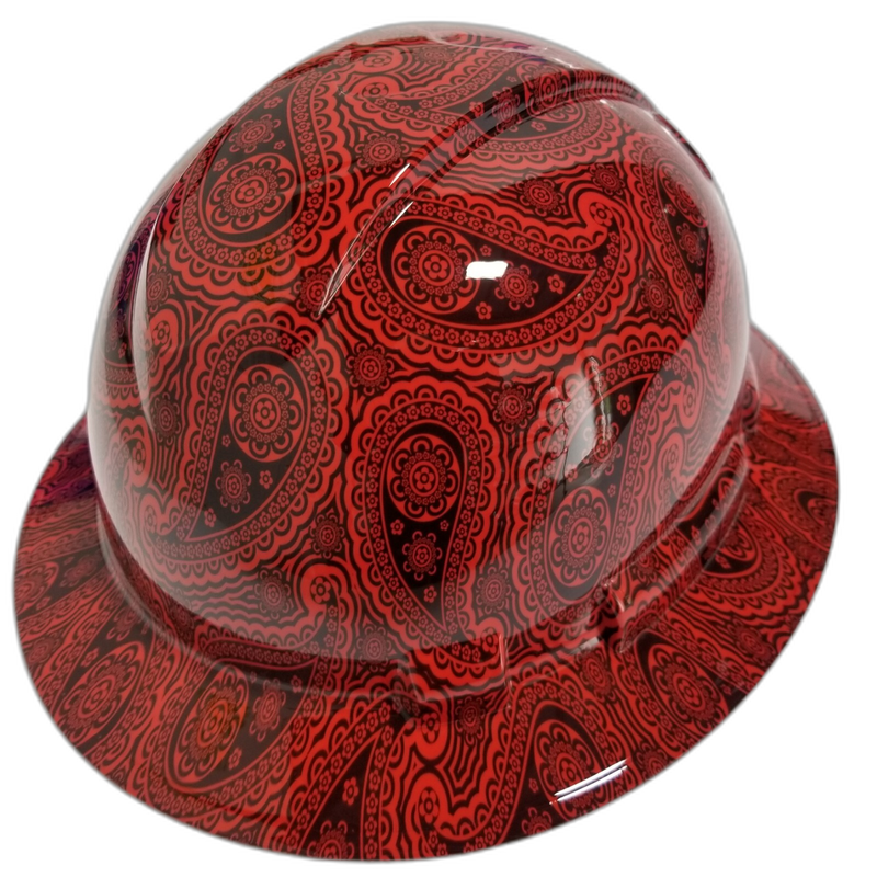 Red Bandana Paisley Print hard hat right side view