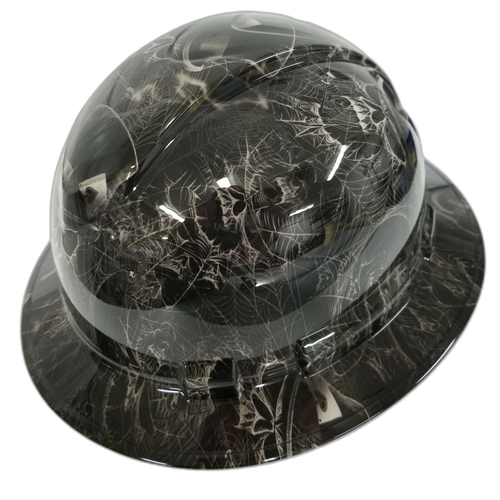 Top Hat Spider Web Skulls Custom Hydro Dipped Full Brim Hard Hat - Right Side View