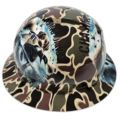 Drake Duck Hunter Chasing Bands Custom Hydro Dipped Full Brim Hard Hat - Right Side View