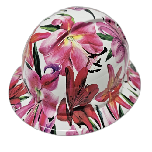 Stargazer Lillies Flowers Custom Hydro Dipped Full Brim Hard Hat - Right Side View