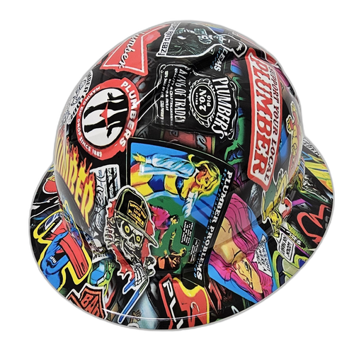 Plumbers Sticker Bomb Custom Hydro Dipped Full Brim Hard Hat - Right Side View