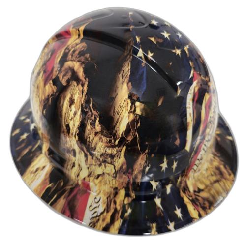 Battle Worn Tattered And Torn USA Flag Custom Hydro Dipped Full Brim Hard Hat - Right Side View