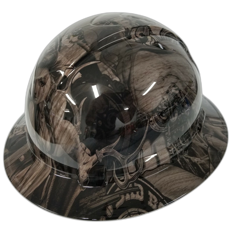 Biker Skull on Wood Grain hard hat right side view