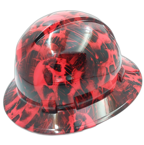 Red Melting Skull Evil Custom Hydro Dipped Full Brim Hard Hat - Right Side View