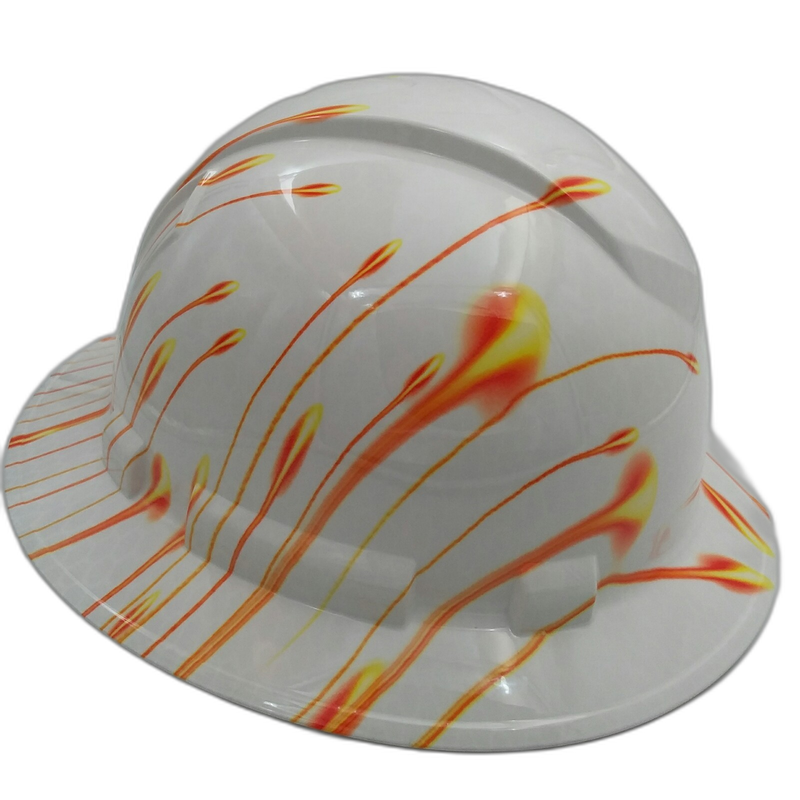 Orange Flame Wisps on White hard hat right side view