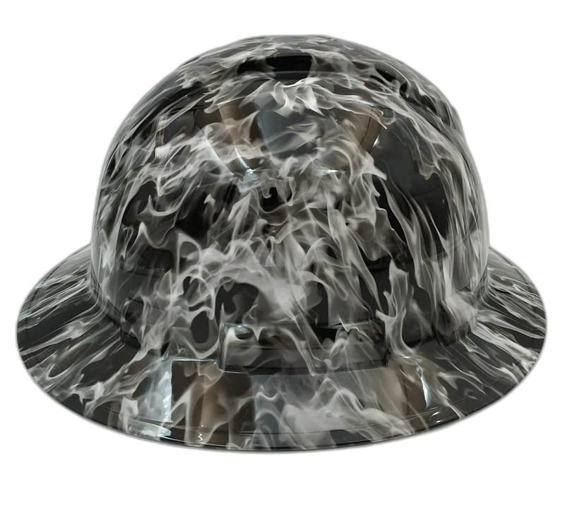 White Ghost Flames on Black hard hat right side view