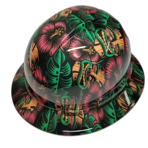 Tiki Masks Polynesian Hawaiian Aloha Custom Hydro Dipped Full Brim Hard Hat - Right Side View