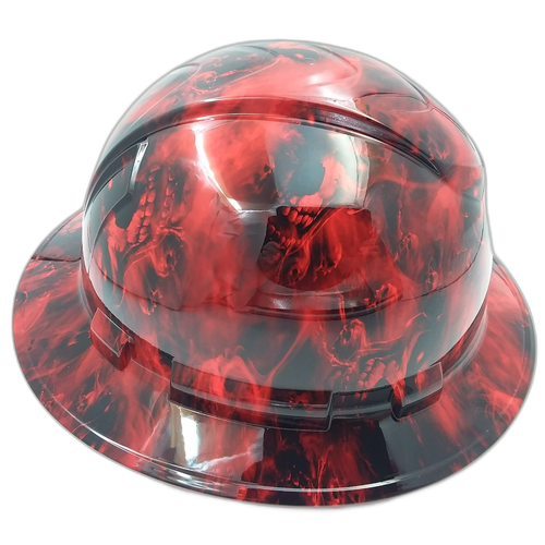 Red Hades Evil Skull Custom Hydro Dipped Full Brim Hard Hat - Right Side View