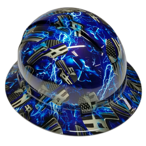 Blue Line Ice Skulls Blue Lightning Custom Hydro Dipped Full Brim Hard Hat - Right Side View