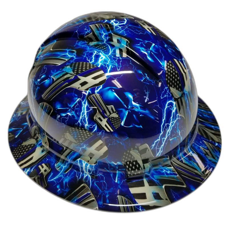 Thin Blue Line Flag Lightning hard hat right side view