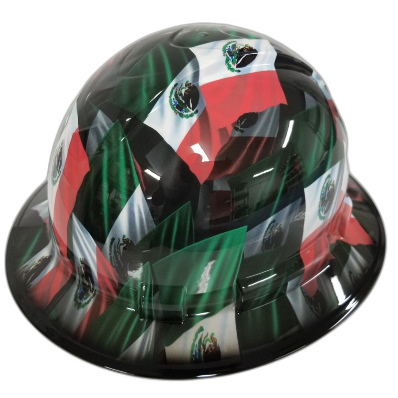 Airbrushed Mexican Flag & Roses hard hat right side view