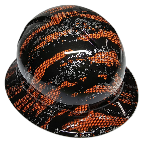 Orange Urban Camo Carbon Fiber Custom Hydro Dipped Full Brim Hard Hat - Right Side View