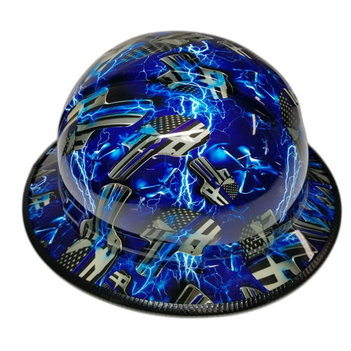 Blue Line Ice Skulls Custom Hydro Dipped Full Brim Hard Hat - Right Side View