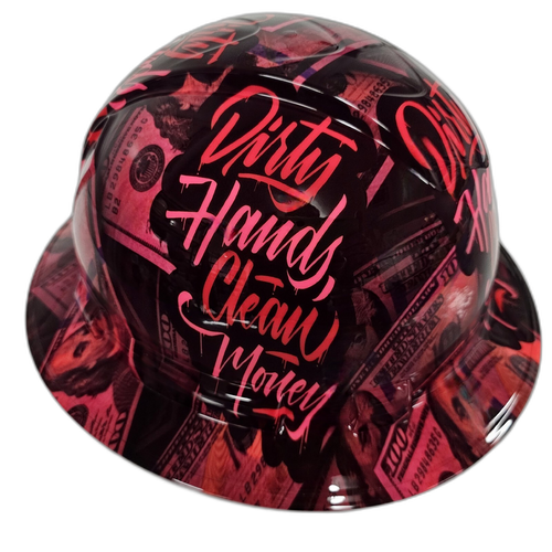 Hot Pink Dirty Hands Clean Money Women Custom Hydro Dipped Full Brim Hard Hat - Right Side View
