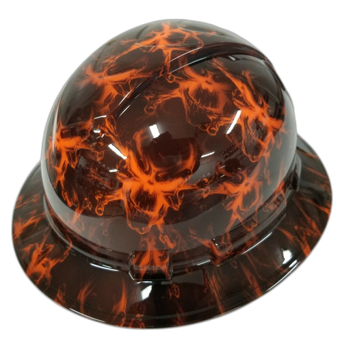 Black And Hi Vis Orange Skulls Custom Hydro Dipped Full Brim Hard Hat - Right Side View