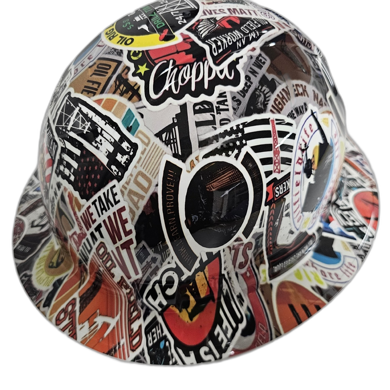 Oil Field Roughneck Sticker Bomb hard hat right side view