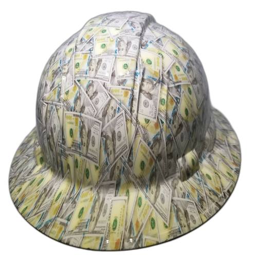 Big Face Hundred Dollar Bills Custom Hydro Dipped Full Brim Hard Hat - Right Side View