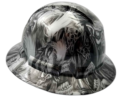 Silver N Black Cyborg Skull Custom Hydro Dipped Full Brim Hard Hat - Right Side View