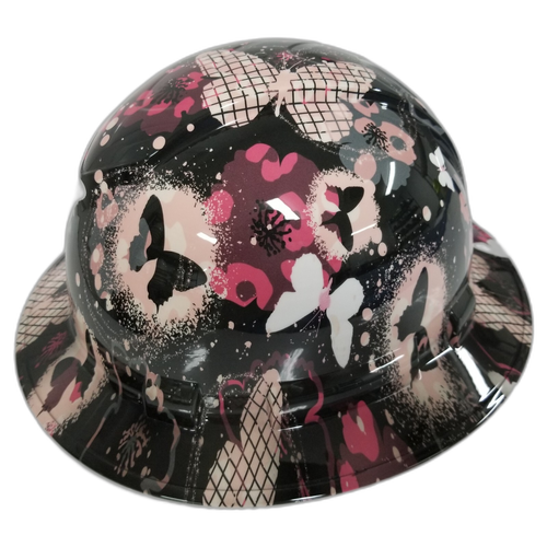 Pink Abstract Butterflies Custom Hydro Dipped Full Brim Hard Hat - Right Side View