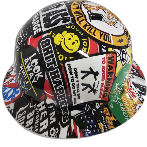 Bold Construction Sticker Bomb Custom Hydro Dipped Full Brim Hard Hat - Right Side View