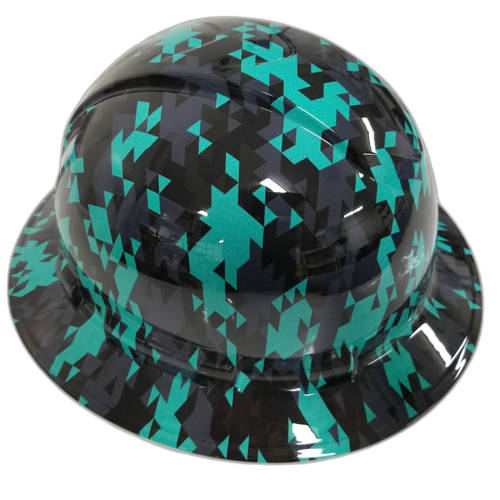 Turquoise Teal Abstract Tactical Camo Custom Hydro Dipped Full Brim Hard Hat - Right Side View