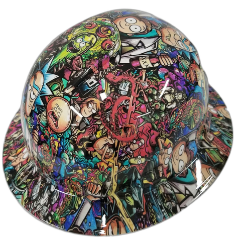Adult Cartoon Sticker Bomb Custom Hydro Dipped Full Brim Hard Hat - Right Side View