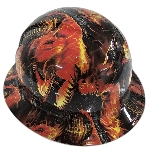 Fire Breathing Dragon Custom Hydro Dipped Full Brim Hard Hat - Right Side View