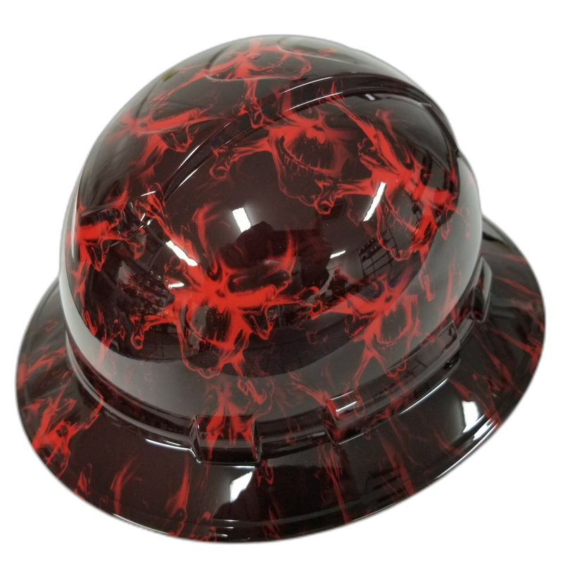 Red Flame Skulls on Black hard hat right side view