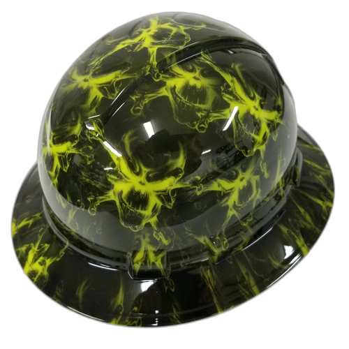 Black And Hi Vis Green Skull Custom Hydro Dipped Full Brim Hard Hat - Right Side View