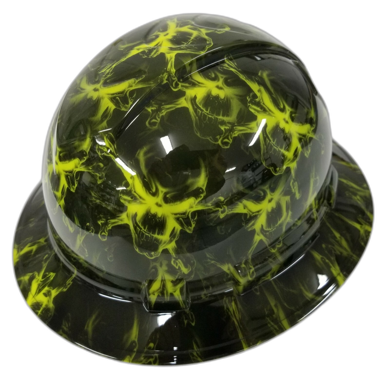 Hi-Vis Green Skulls on Black hard hat right side view