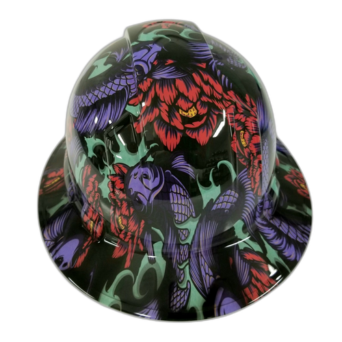 Japanese Koi Fish Tattoo Art Custom Hydro Dipped Full Brim Hard Hat - Right Side View