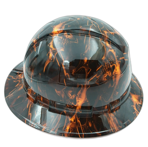 Dark Raiser Skulls Hi Vis Orange Custom Hydro Dipped Full Brim Hard Hat - Right Side View