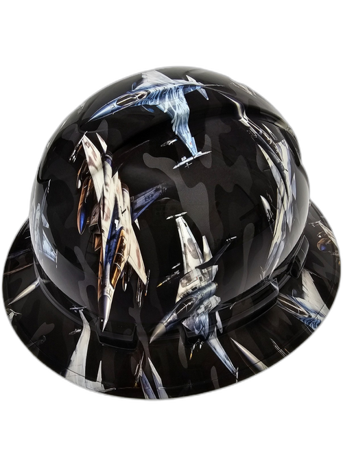 Urban Camo Fighter Jets Custom Hydro Dipped Full Brim Hard Hat - Right Side View