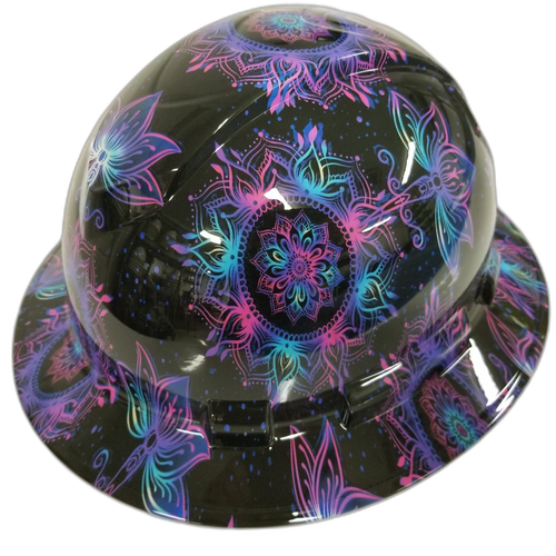 Lotus Flower Neon Color Custom Hydro Dipped Full Brim Hard Hat - Right Side View