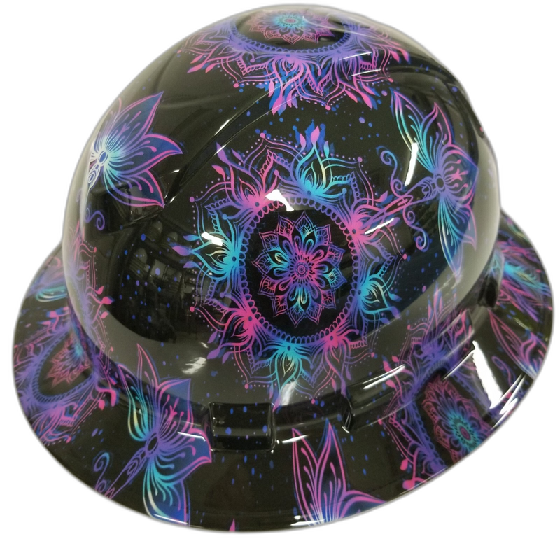Neon Lotus Flower Mandala hard hat right side view