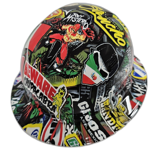 Mexican Extreme Sticker Bomb Custom Hydro Dipped Full Brim Hard Hat - Right Side View