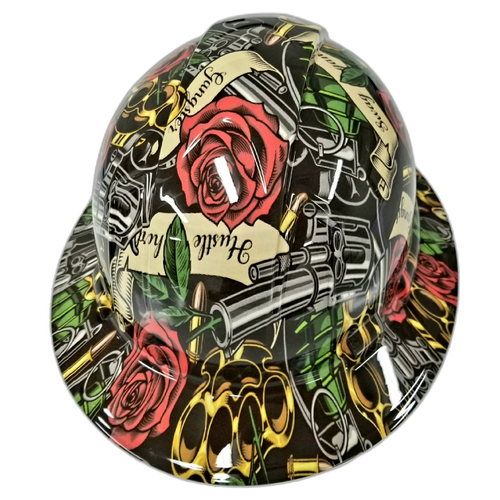 Hustle Hard Knuckles Roses Custom Hydro Dipped Full Brim Hard Hat - Right Side View