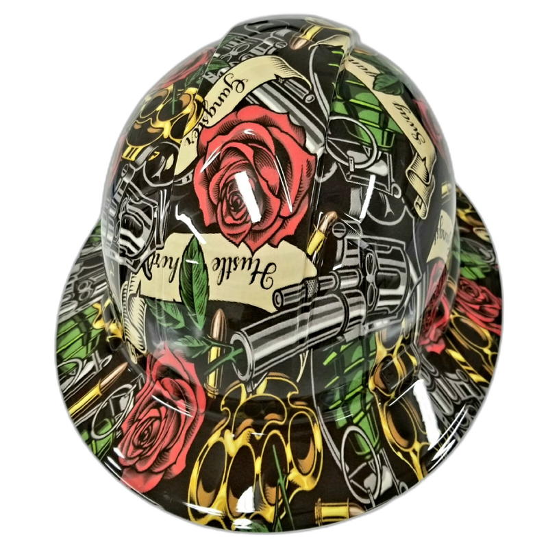 Brass Knuckles & Roses Tattoo hard hat right side view