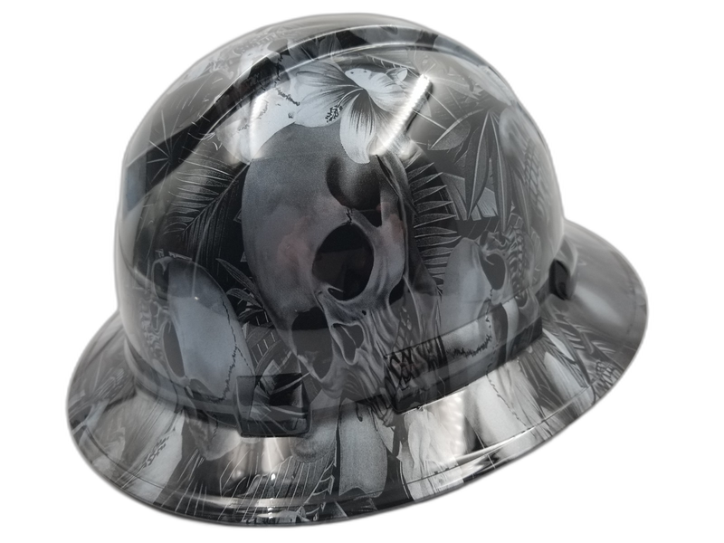 Gunmetal Skulls & Tropical Palm hard hat right side view